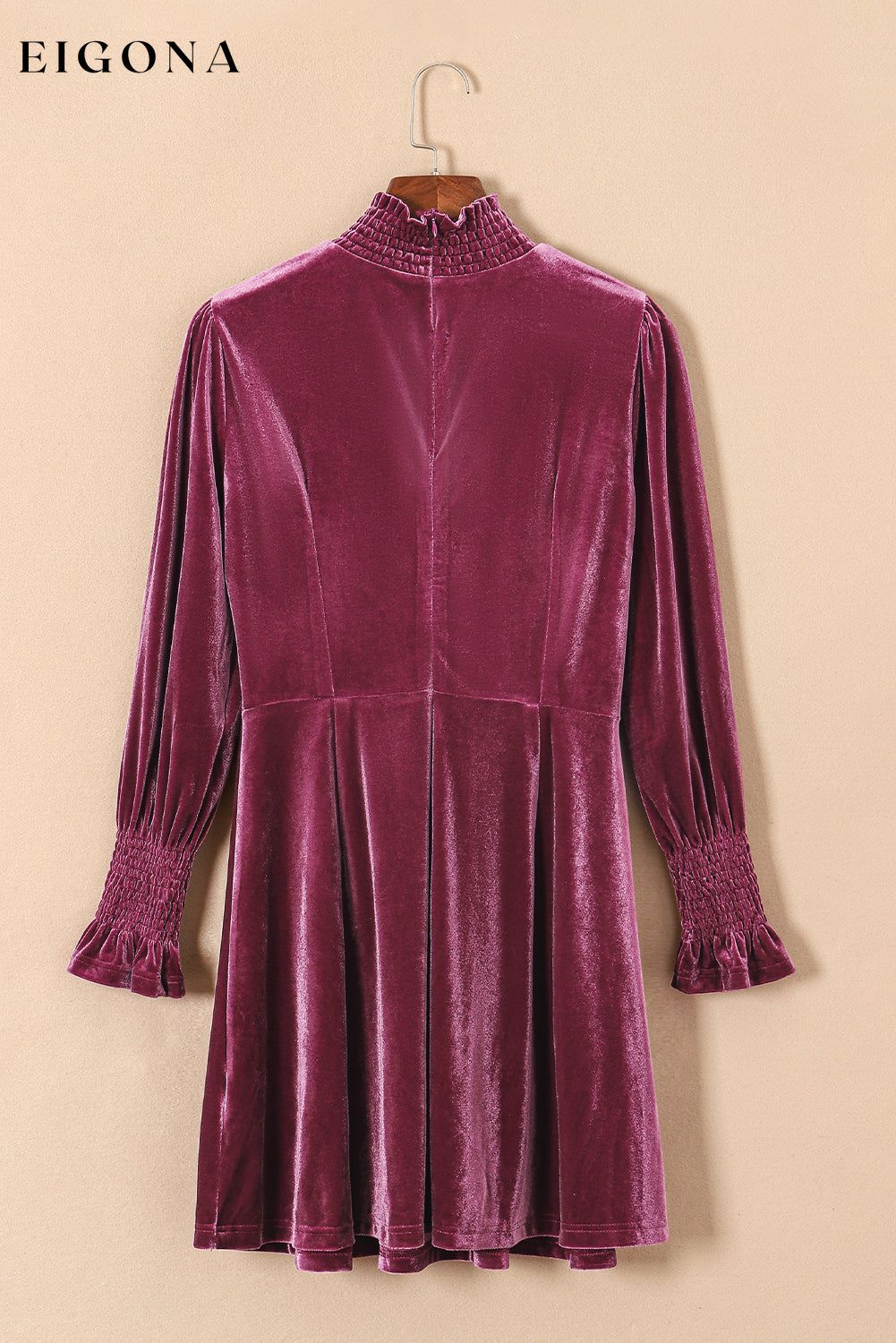 Burgundy Long Sleeve Dress, Smocked High Neck Flounce Sleeve Velvet Dress All In Stock casual dresses clothes Color Pink Day Valentine's Day dress dresses EDM Monthly Recomend Fabric Velvet long sleeve dress long sleeve dresses Occasion Daily Print Solid Color Season Winter short dresses Silhouette A-Line Style Southern Belle