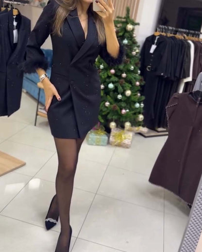 Ostrich Feather Hot-Fix Crystals Double-Breasted Blazer Dress