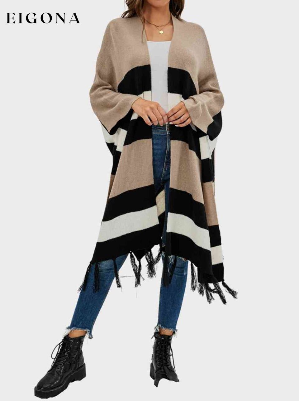 Striped Open Front Fringe Cardigan Black clothes D.L Ship From Overseas