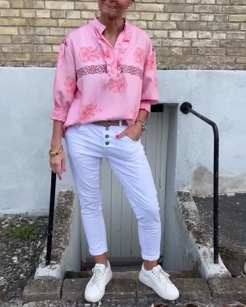 Camicetta stampata a maniche lunghe in pizzo