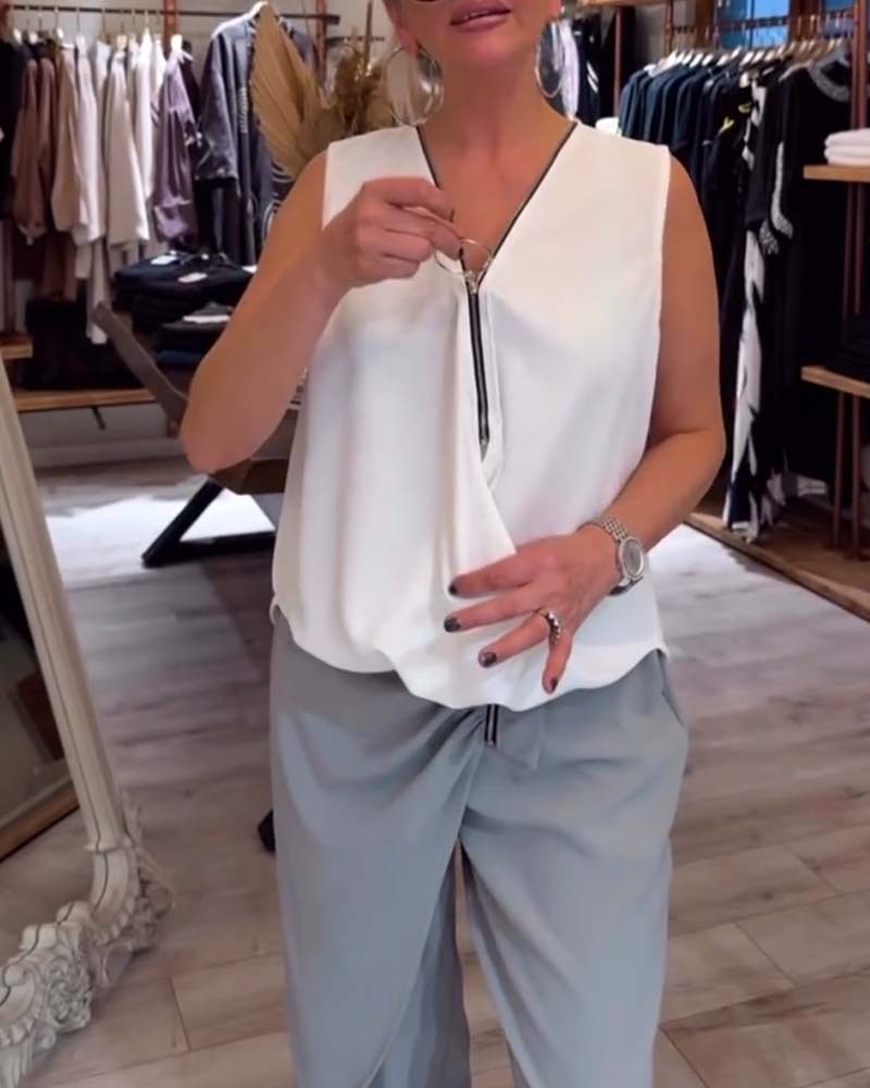 Ärmelloses Tanktop mit halbem Reißverschluss in Volltonfarbe