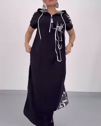 Lockeres Kontrastkleid mit halbem Reißverschluss