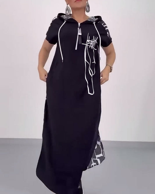 Lockeres Kontrastkleid mit halbem Reißverschluss