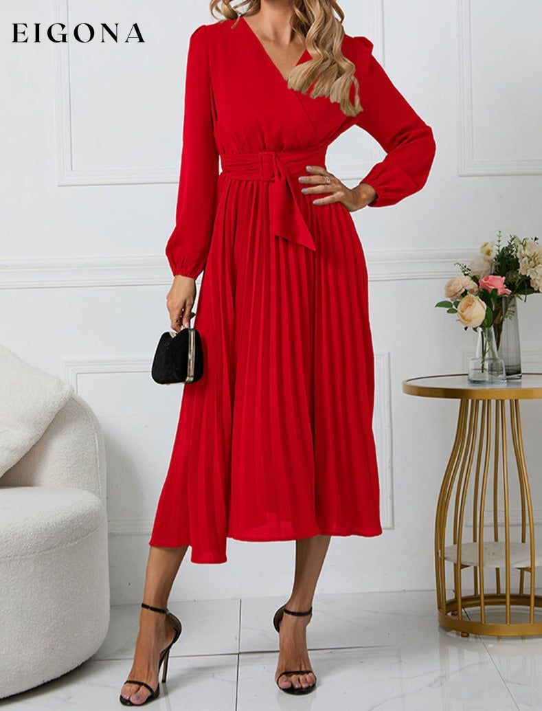 V-Neck Long Sleeve Tie Waist Midi Dress clothes H.Y.G@E Ship From Overseas Shipping Delay 09/29/2023 - 10/03/2023 trend
