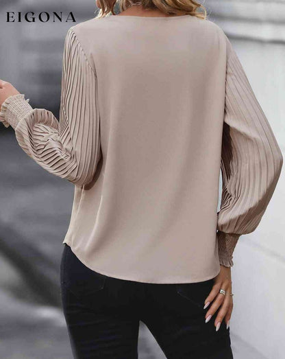 Pleated Lantern Sleeve V-Neck Long Sleeve Blouse clothes Hundredth long sleeve long sleeve shirt long sleeve shirts long sleeve top Ship From Overseas shirt shirts