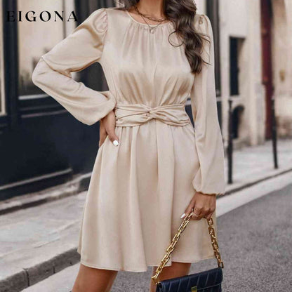 Twisted Round Neck Long Sleeve Dress Beige clothes Ship From Overseas YO