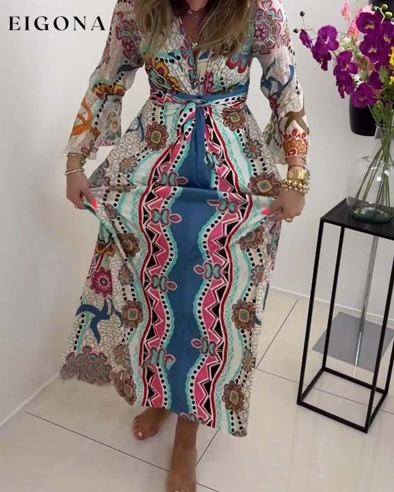 Elegant dress with colorful print and bell sleeves casual dresses spring summer