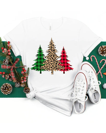 Leopard plaid patchwork Christmas tree print T-shirt 2024 f/w christmas summer t-shirts