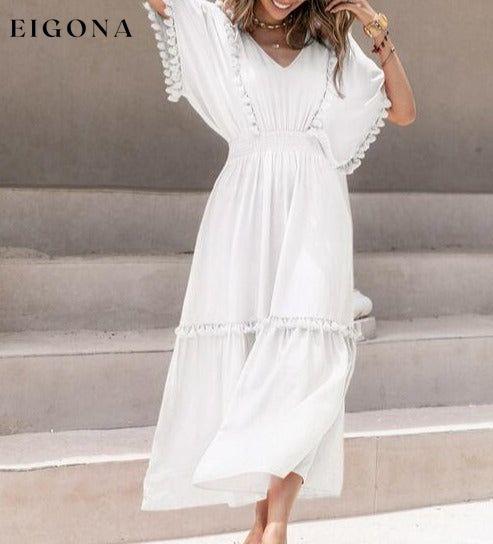 Tassel Trim Smocked V-Neck Short Sleeve Maxi Dress casual dresses clothes dress dresses H.R.Z long sleeve dress maxi dress Ship From Overseas short dress short sleeve short sleeve dress short sleeve dresses