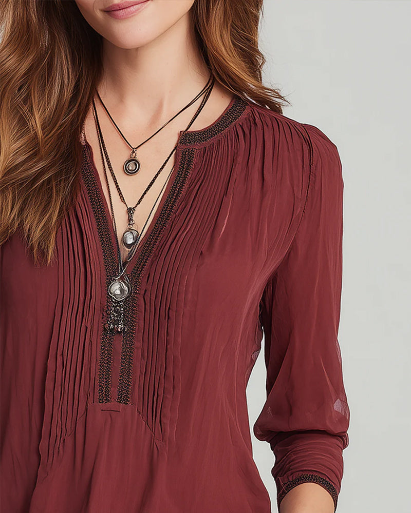 V-Neck Contrasting Long-Sleeved Blouse