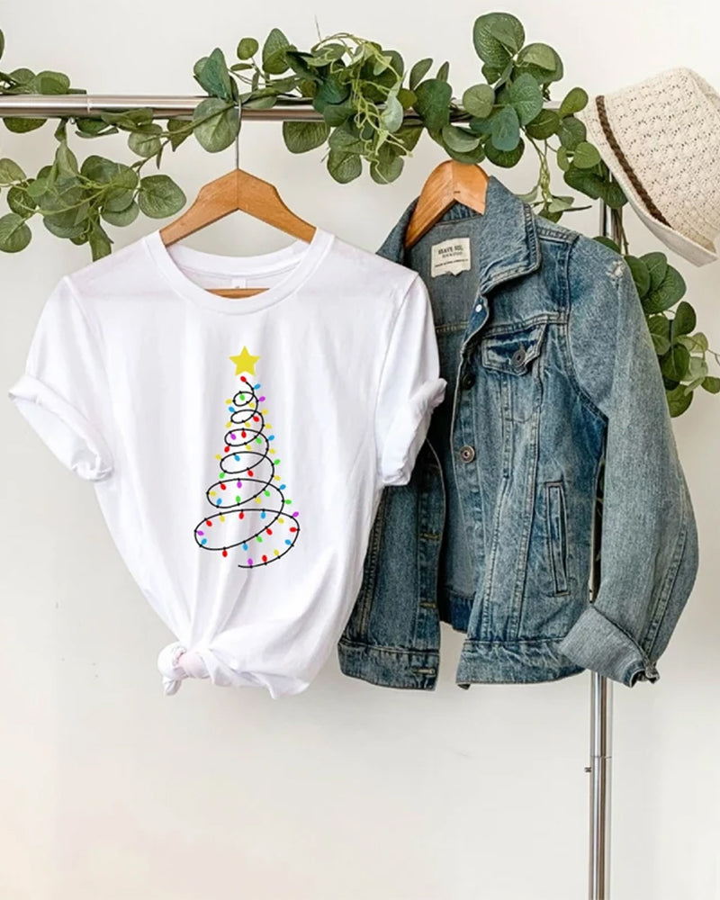 Casual Christmas lights printed round neck T-shirt 2024 f/w christmas spring summer t-shirts