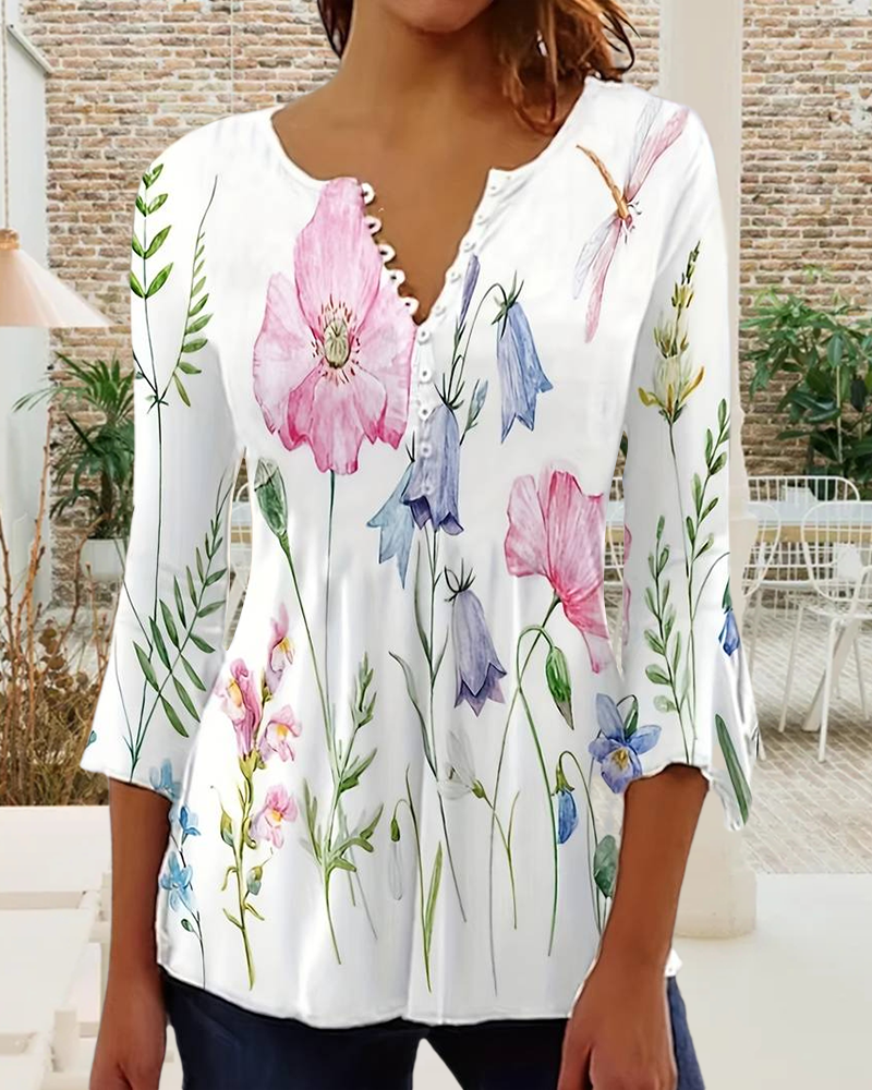 Casual floral print three-quarter sleeve button blouse blouses & shirts spring summer