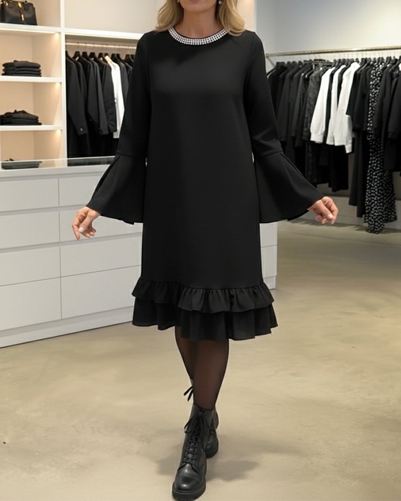 Flare Sleeve Hotfix Rhinestone Straight Dress