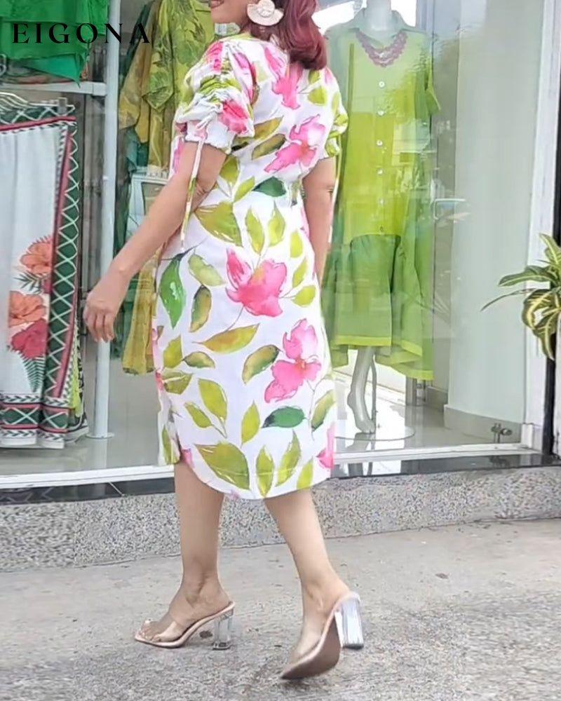 Floral leaf print lapel dress casual dresses summer