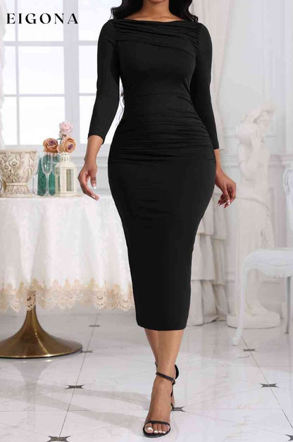 Ruched Boat Neck Midi Dress Black clothes Roman Ship From Overseas