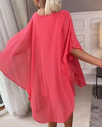 Fashion solid color bat sleeve round neck dress
