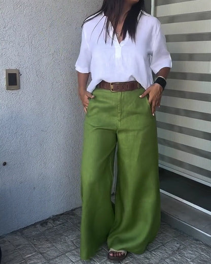 Green High-Waisted Wide-Leg Linen Pants