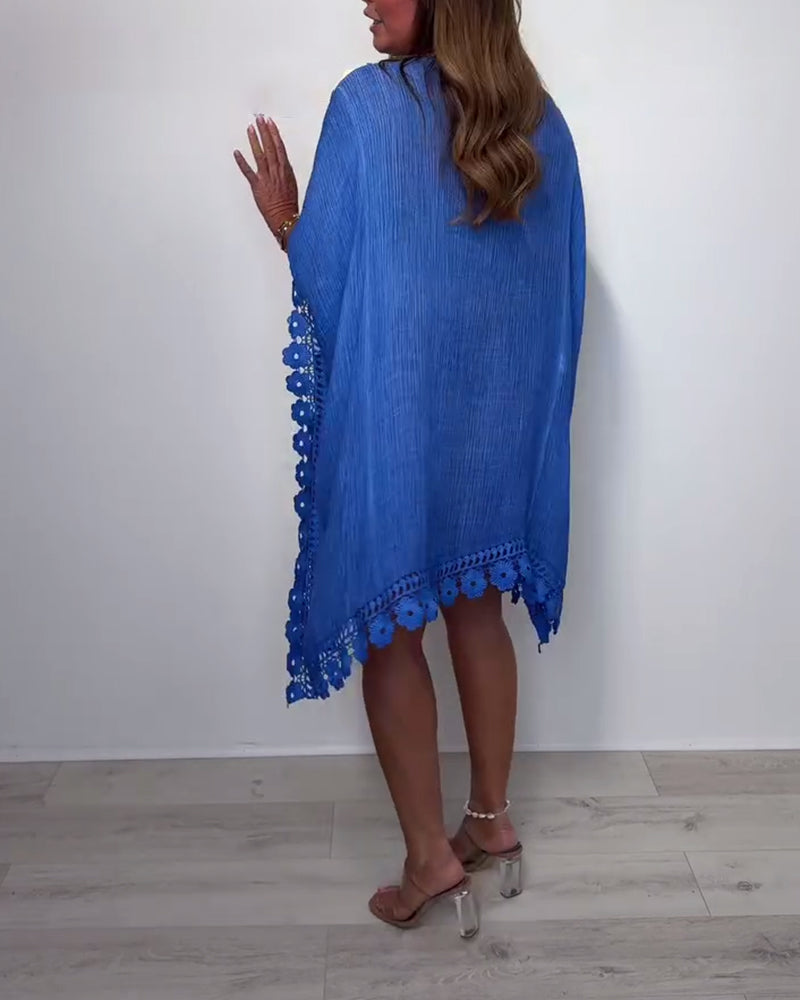 Einfarbiges Oberteil mit V-Ausschnitt und Fledermausärmeln