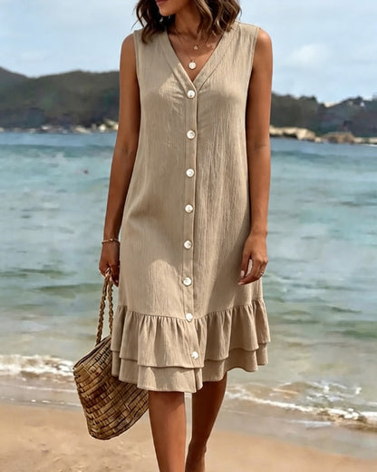 V-Neck Sleeveless Double Layer Ruffle Dress