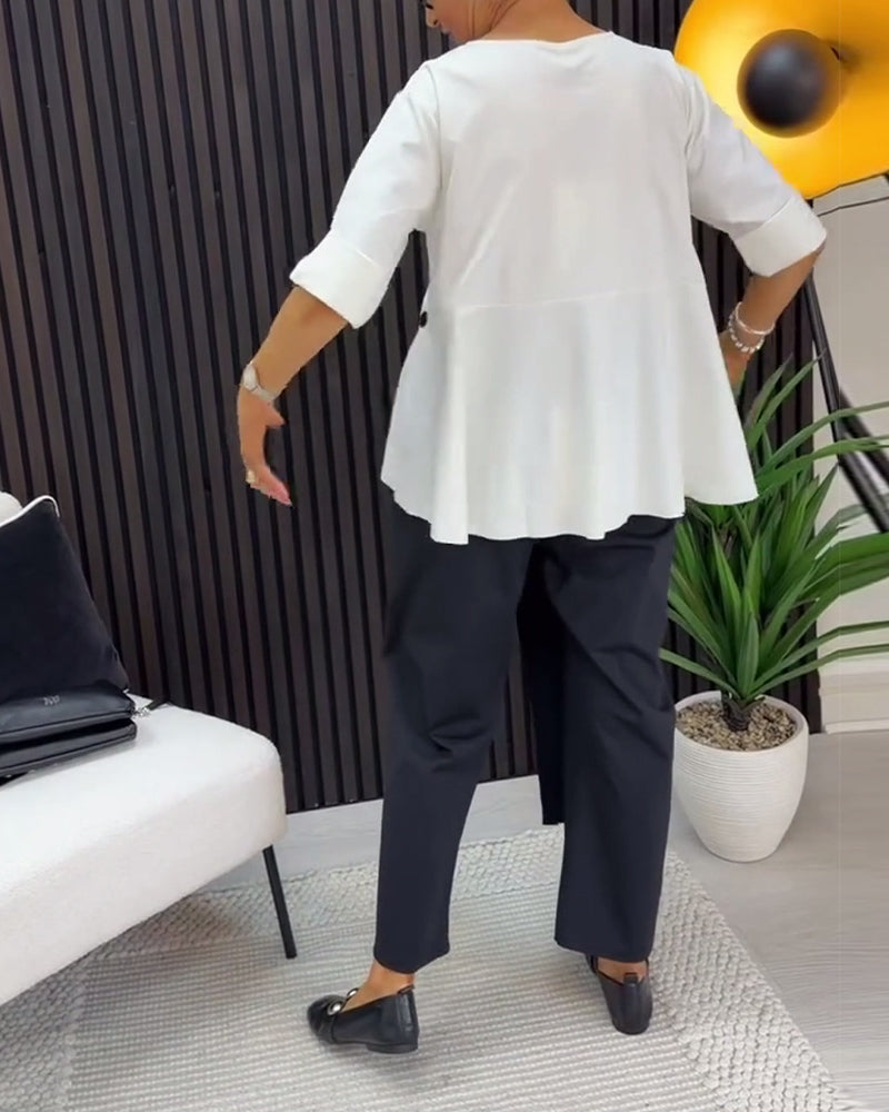 Ruched Pocket Accent Long Sleeve Blouse