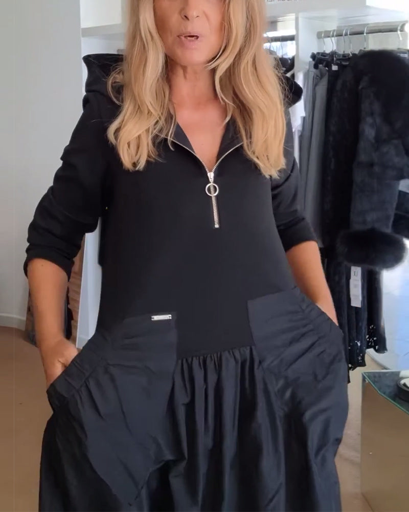 Casual Zipper Hooded Patchwork Pocket Dress