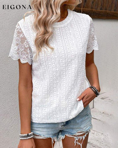 Lace paneled short-sleeve solid color top blouses & shirts spring summer