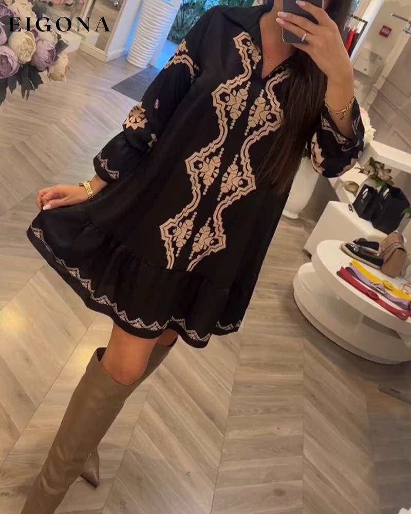 Geometric print lapel casual dress Black 2023 f/w 23BF casual dresses Clothes Dresses spring