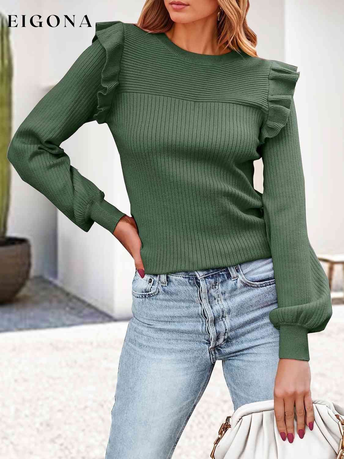 Ribbed Ruffled Round Neck Long Sleeve Knit-Top Green clothes Q@B@L Ship From Overseas