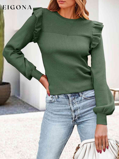 Ribbed Ruffled Round Neck Long Sleeve Knit-Top Green clothes Q@B@L Ship From Overseas