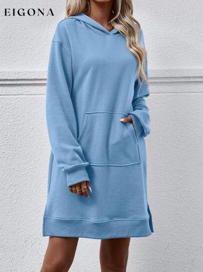 Slit Long Sleeve Hooded Dress with Pocket Pastel Blue Changeable clothes Ship From Overseas