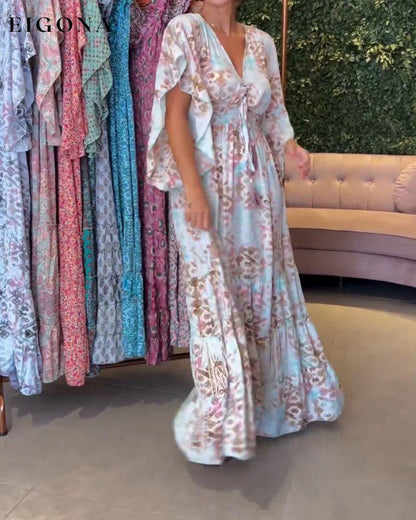 V-neck printed butterfly sleeve long dress casual dresses spring summer