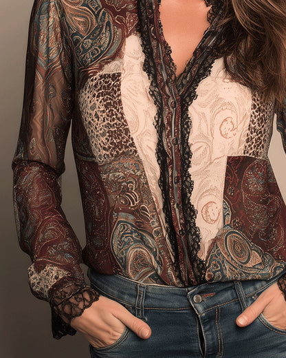 Retro-Print Patchwork Long-Sleeved Shirt
