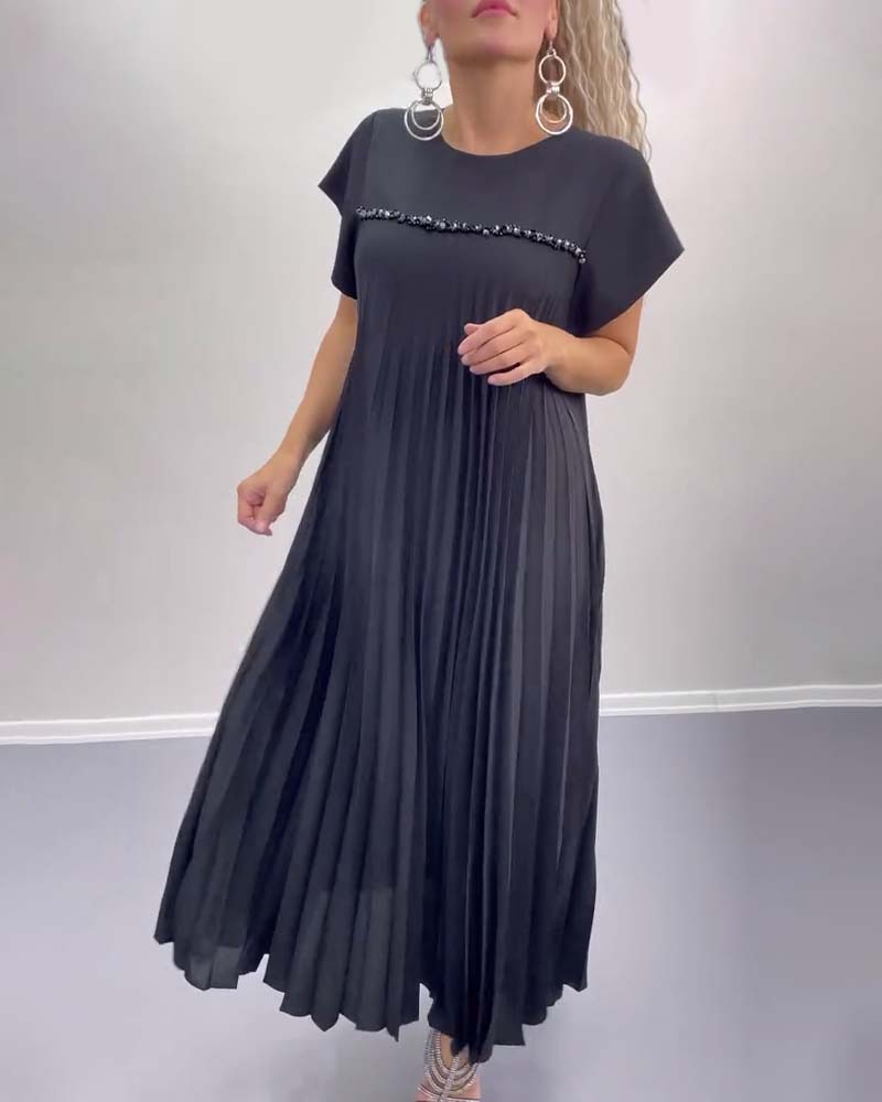 Beaded Short Sleeve Pleated Swing Dress 2024 f/w casual dresses