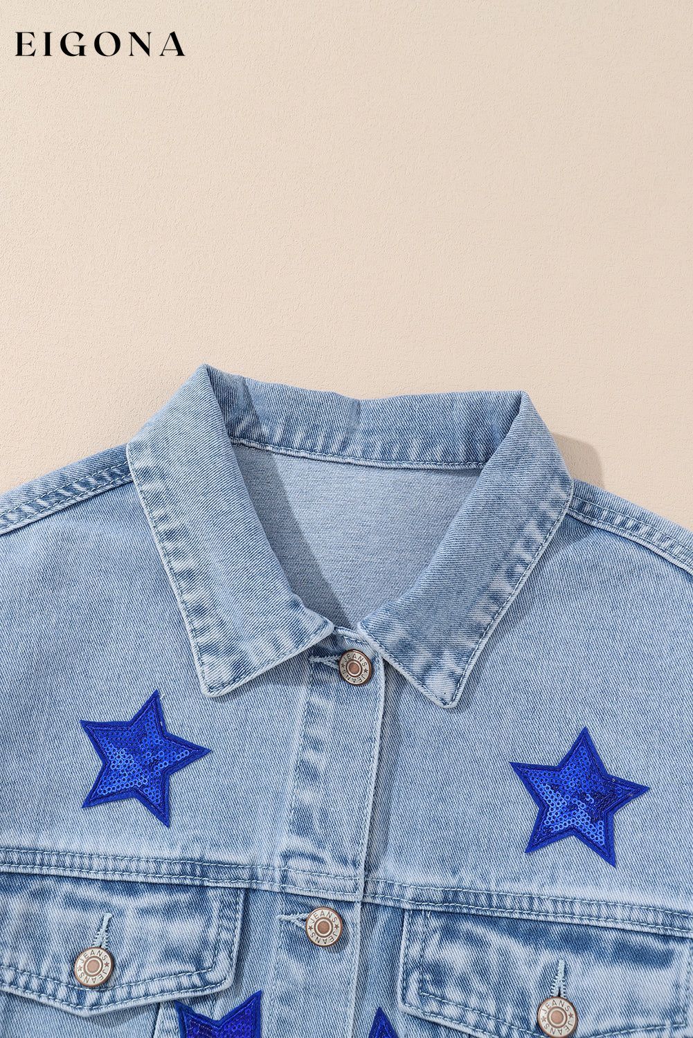 Bluing Sequin Star Flap Pocket Denim Jacket All In Stock Category Shacket clothes Color Blue Craft Sequin EDM Monthly Recomend Fabric Denim Hot picks Occasion Daily Season Fall & Autumn Style Western