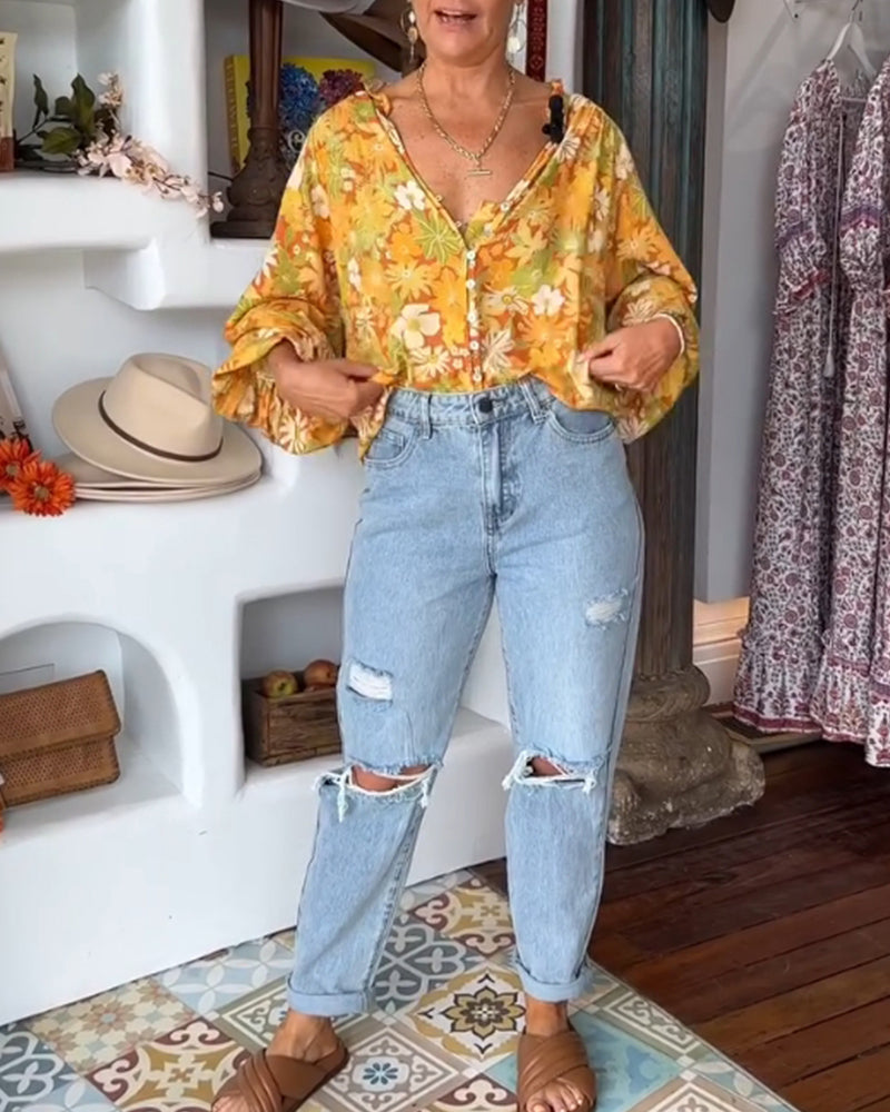 Bluse mit Blumendruck und V-Ausschnitt