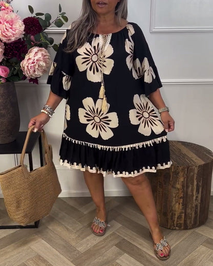 Oversize-Kleid mit Print und halblangen Ärmeln zum Binden