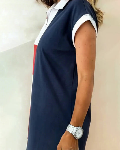 Short-Sleeved Striped Color-Blocked Dress