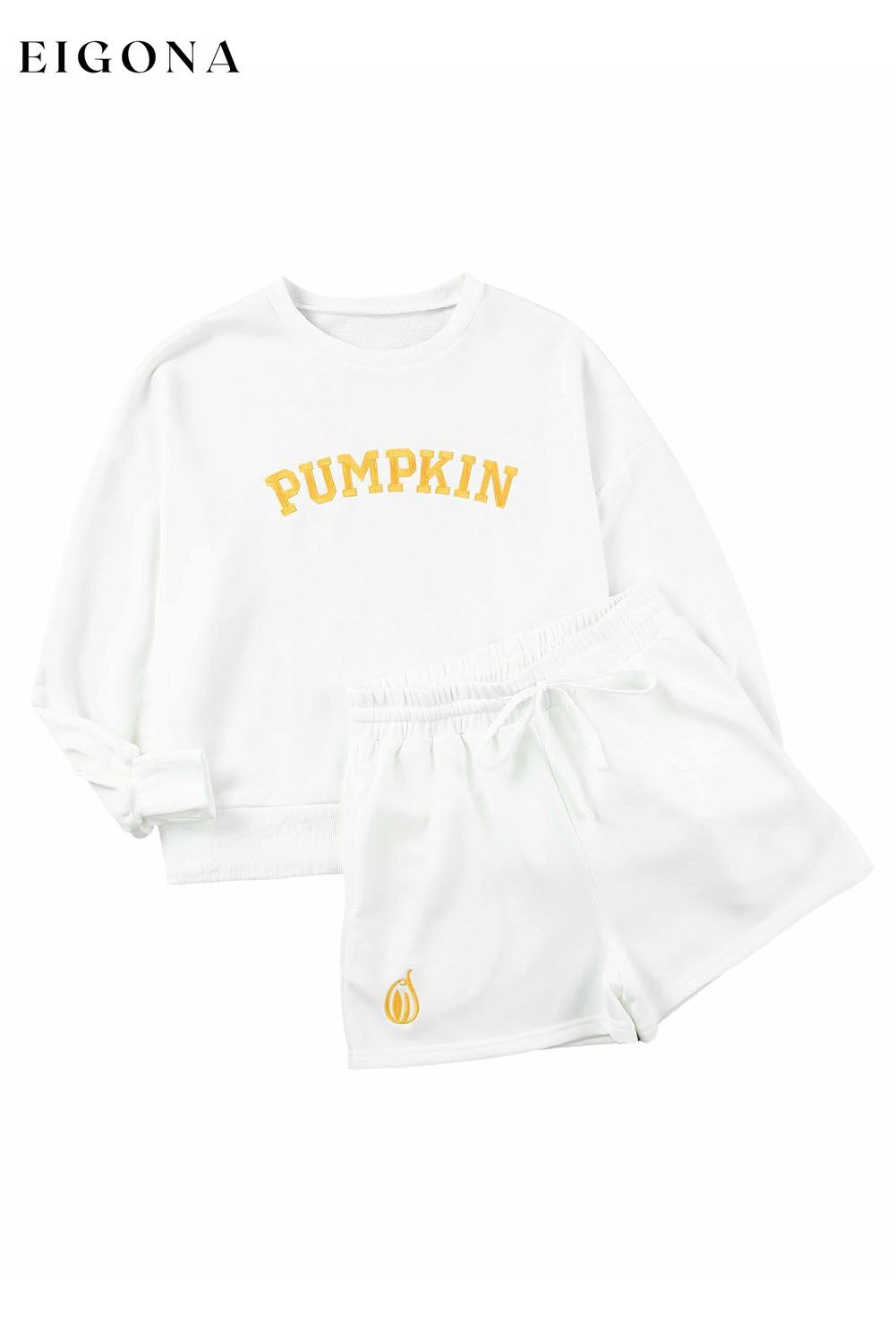 White PUMPKIN Flocking Graphic Pullover Sweatshirt and Shorts Set 2 piece All In Stock clothes Day Halloween halloween Occasion Home Season Fall & Autumn set sweatshirt set