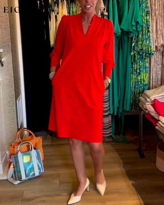 Solid color V-neck Long Sleeve Dress Red 2023 f/w 23BF casual dresses Clothes Dresses spring