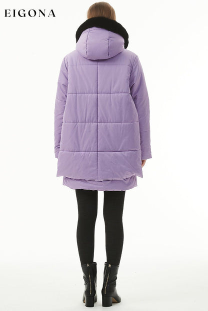 Wisteria Plush Linen Zip Up Hooded Puffer Coat clothes Color Purple Fabric Fleece Jackets & Coats Print Solid Color Season Winter Style Casual