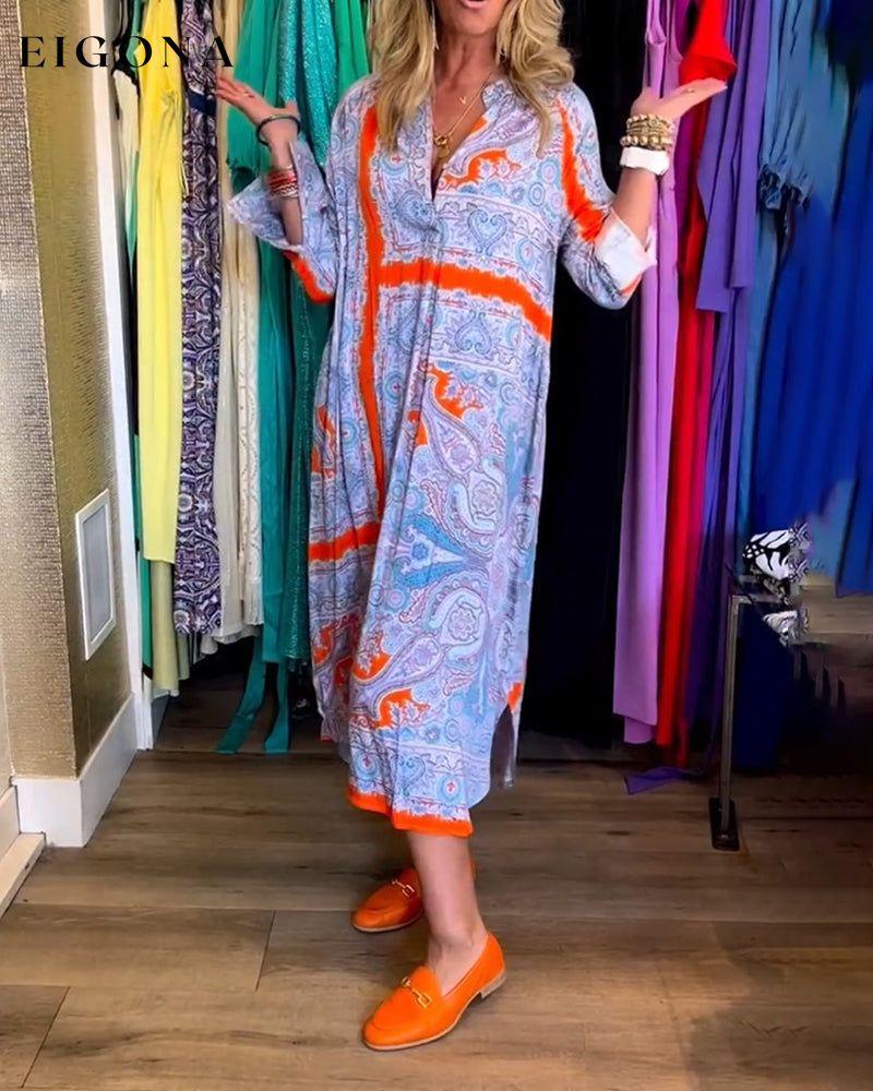 Long sleeve deep V printed maxi dress casual dresses spring summer