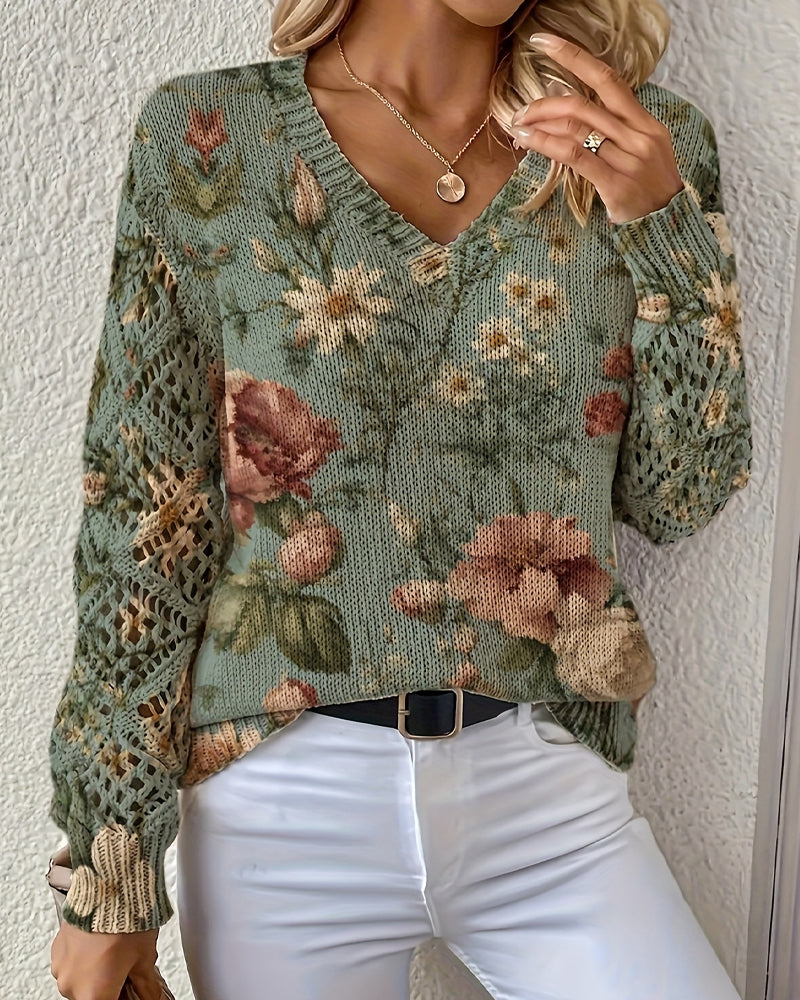 Jacquard V-Neck Hollow Long-Sleeved Pullover