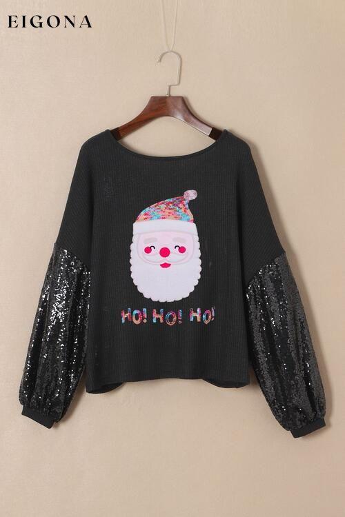 Waffle-Knit Santa Graphic Sequin Long Sleeve Blouse clothes Ship From Overseas SYNZ