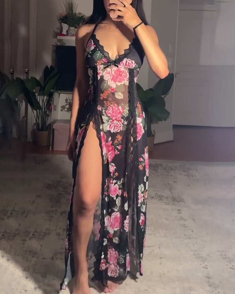 Sexy lace rose print slit dress lingerie