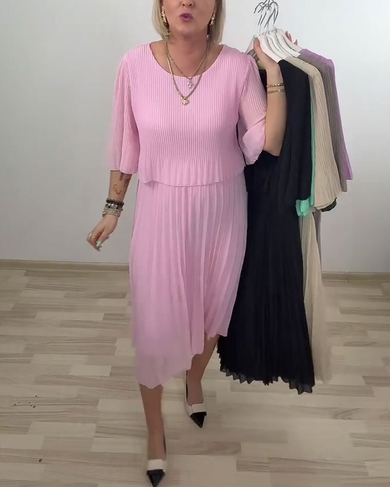 Pleated Mid-Sleeve Dress