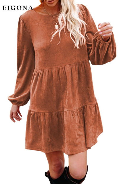 Chestnut Faux Suede Tiered Babydoll Dress All In Stock casual dress casual dresses clothes dress long sleeve dress long sleeve dresses Occasion Daily Print Solid Color short dresses Silhouette A-Line Style Western