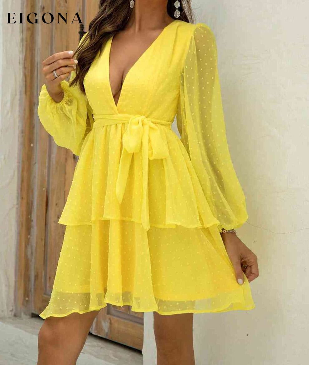 Tie Waist Balloon Sleeve Layered Dress Canary Yellow clothes dress dresses layered dress mini dress Ringing-N Ship From Overseas