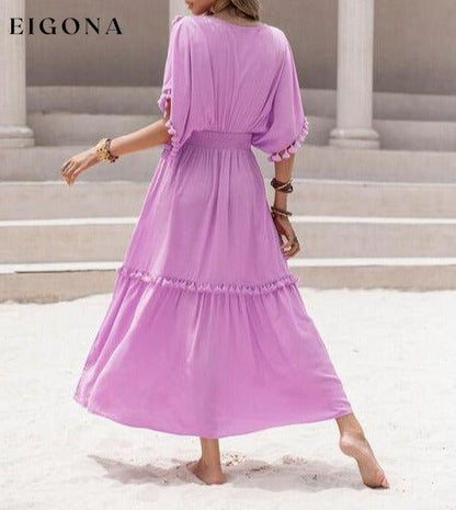 Tassel Trim Smocked V-Neck Short Sleeve Maxi Dress casual dresses clothes dress dresses H.R.Z long sleeve dress maxi dress Ship From Overseas short dress short sleeve short sleeve dress short sleeve dresses