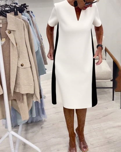 Short-Sleeved Contrast Color Straight Dress