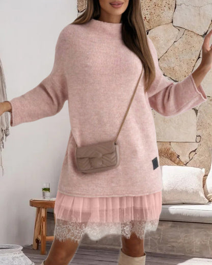 Lässiges, einfarbiges Pullover-Netzkleid-Set mit hohem Kragen